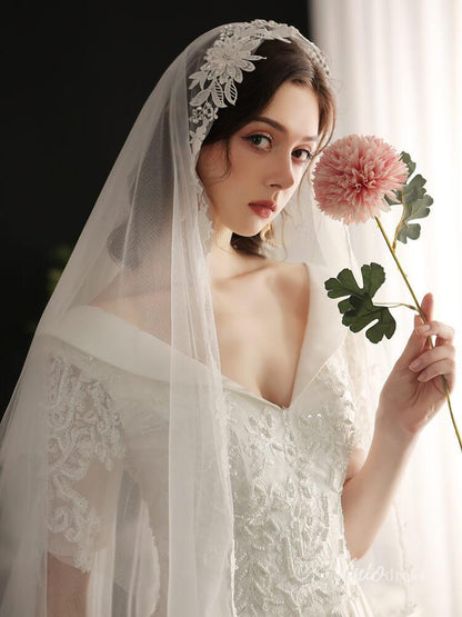 Vintage Lace Floor Length Bridal Veil Viniodress AC1303-Bridal Veil 2025 -Viniodress-Ivory-