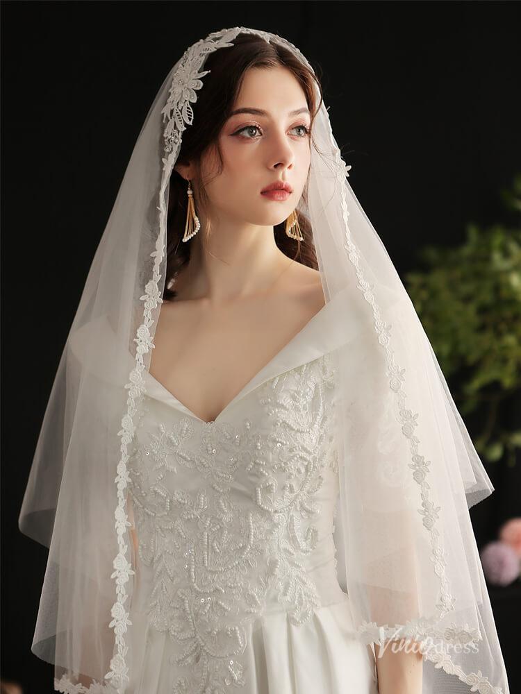 Vintage Lace Floor Length Bridal Veil Viniodress AC1303-Bridal Veil 2025 -Viniodress-Ivory-