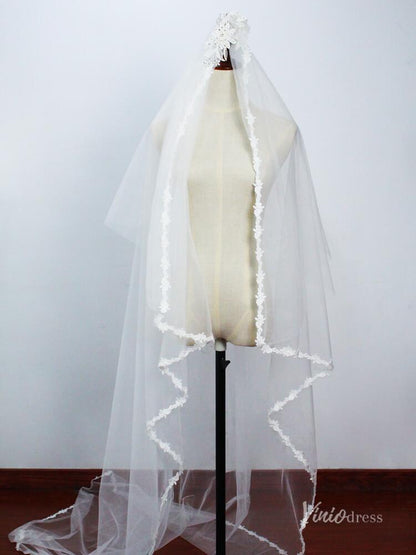 Vintage Lace Floor Length Bridal Veil Viniodress AC1303-Bridal Veil 2025 -Viniodress-Ivory-