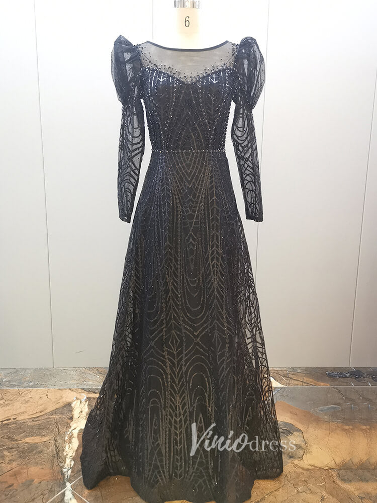 Prom Dress 2025 Vintage Lace Formal Dresses Modest Long Sleeve Evening Dress 20007-unique prom dresses-Black-US 2-Viniodress