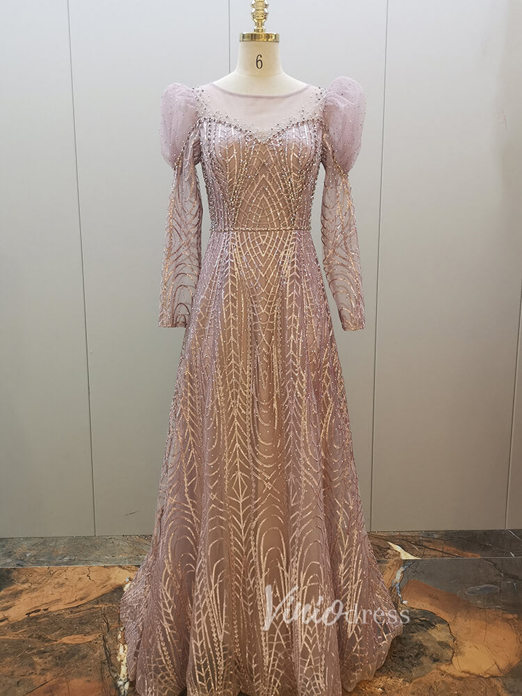 Prom Dress 2025 Vintage Lace Formal Dresses Modest Long Sleeve Evening Dress 20007-unique prom dresses-Pink-US 2-Viniodress