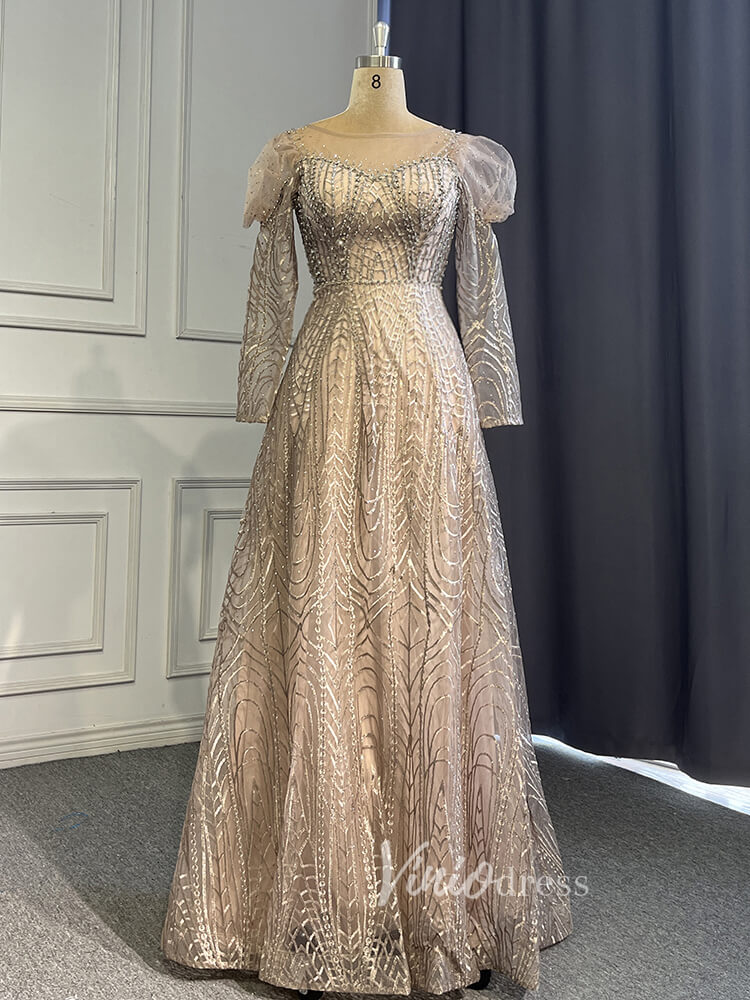 Prom Dress 2025 Vintage Lace Formal Dresses Modest Long Sleeve Evening Dress 20007-unique prom dresses-Taupe-US 2-Viniodress