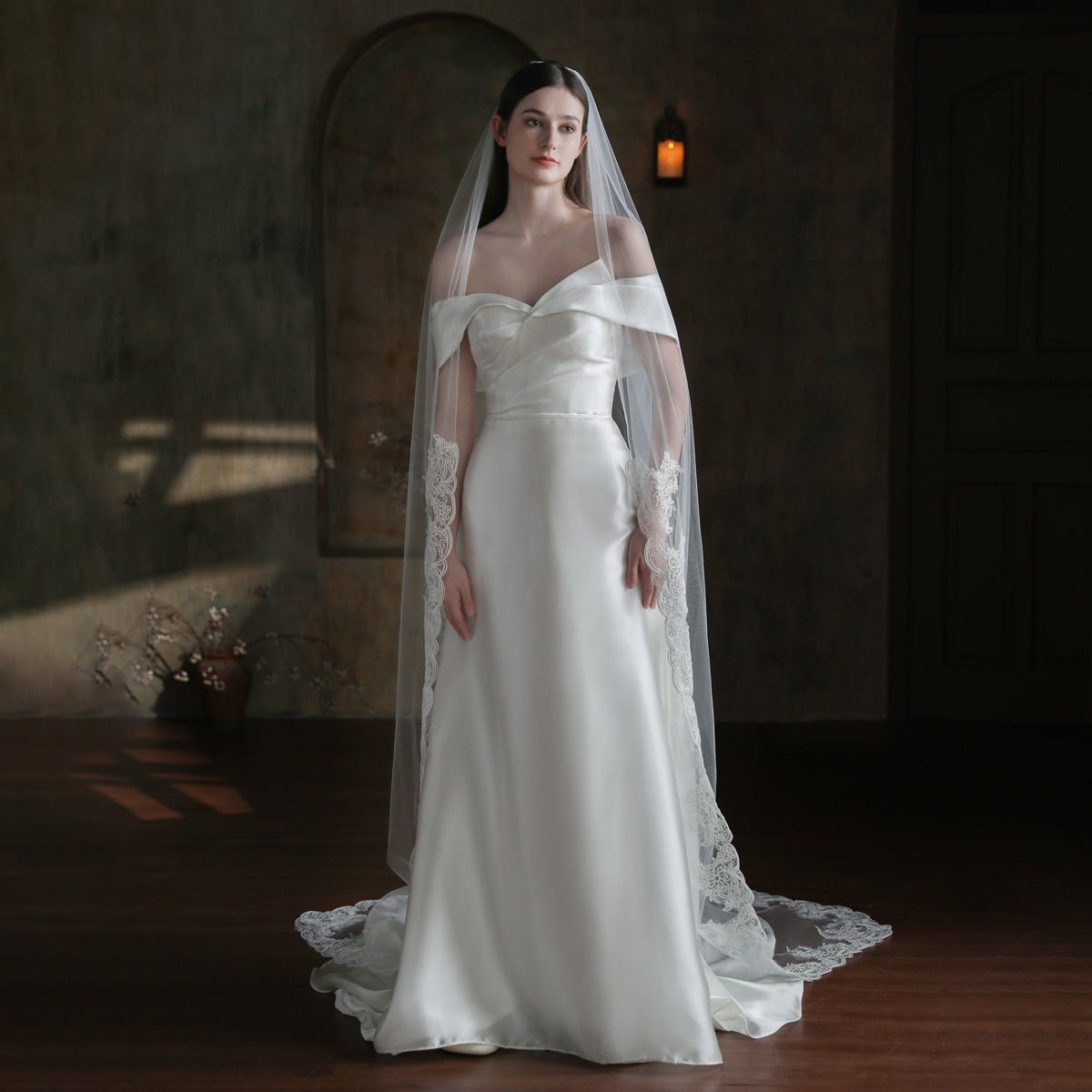 Vintage Lace Long Mantilla Veil Viniodress V860-Bridal Veil 2025 -Viniodress-Ivory-250cm-