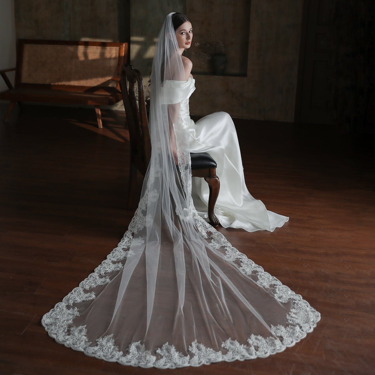 Vintage Lace Long Mantilla Veil Viniodress V860-Bridal Veil 2025 -Viniodress-Ivory-250cm-