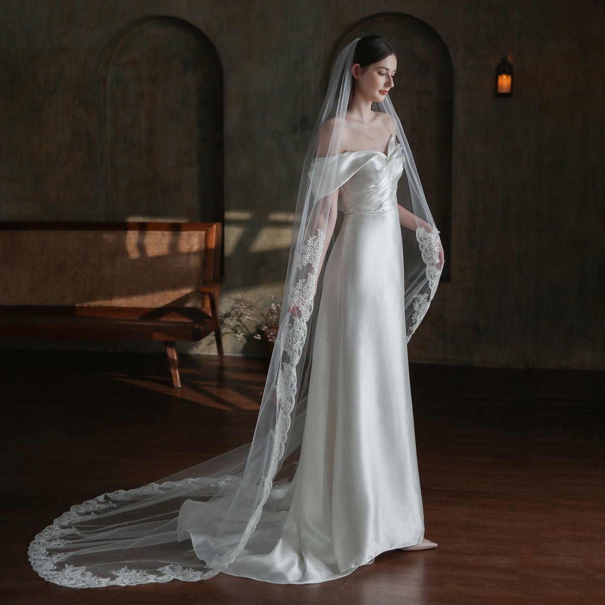 Vintage Lace Long Mantilla Veil Viniodress V860 - ViniodressBridal VeilIvory250cm - Formal Dresses - Ball Gowns