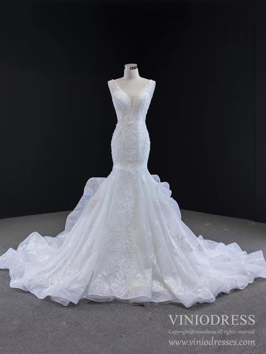 Vintage Lace Mermaid Wedding Dresses V-neck Champagne Bridal Dress VW1759-wedding dresses 2025 -Viniodress-Champagne-Custom Size-