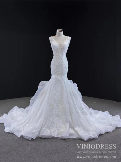 Vintage Lace Mermaid Wedding Dresses V-neck Champagne Bridal Dress VW1759-wedding dresses 2025 -Viniodress-Champagne-Custom Size-
