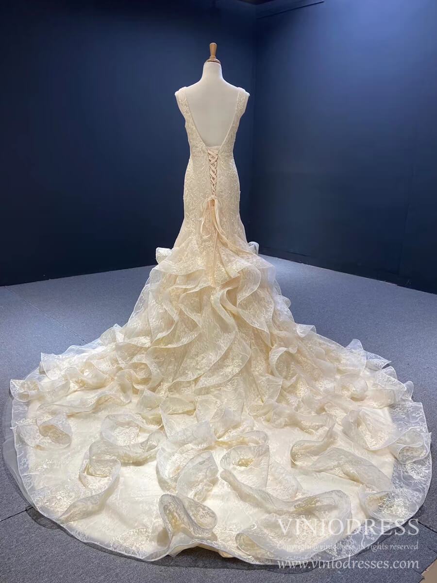 Vintage Lace Mermaid Wedding Dresses V-neck Champagne Bridal Dress VW1759-wedding dresses 2025 -Viniodress-Champagne-Custom Size-