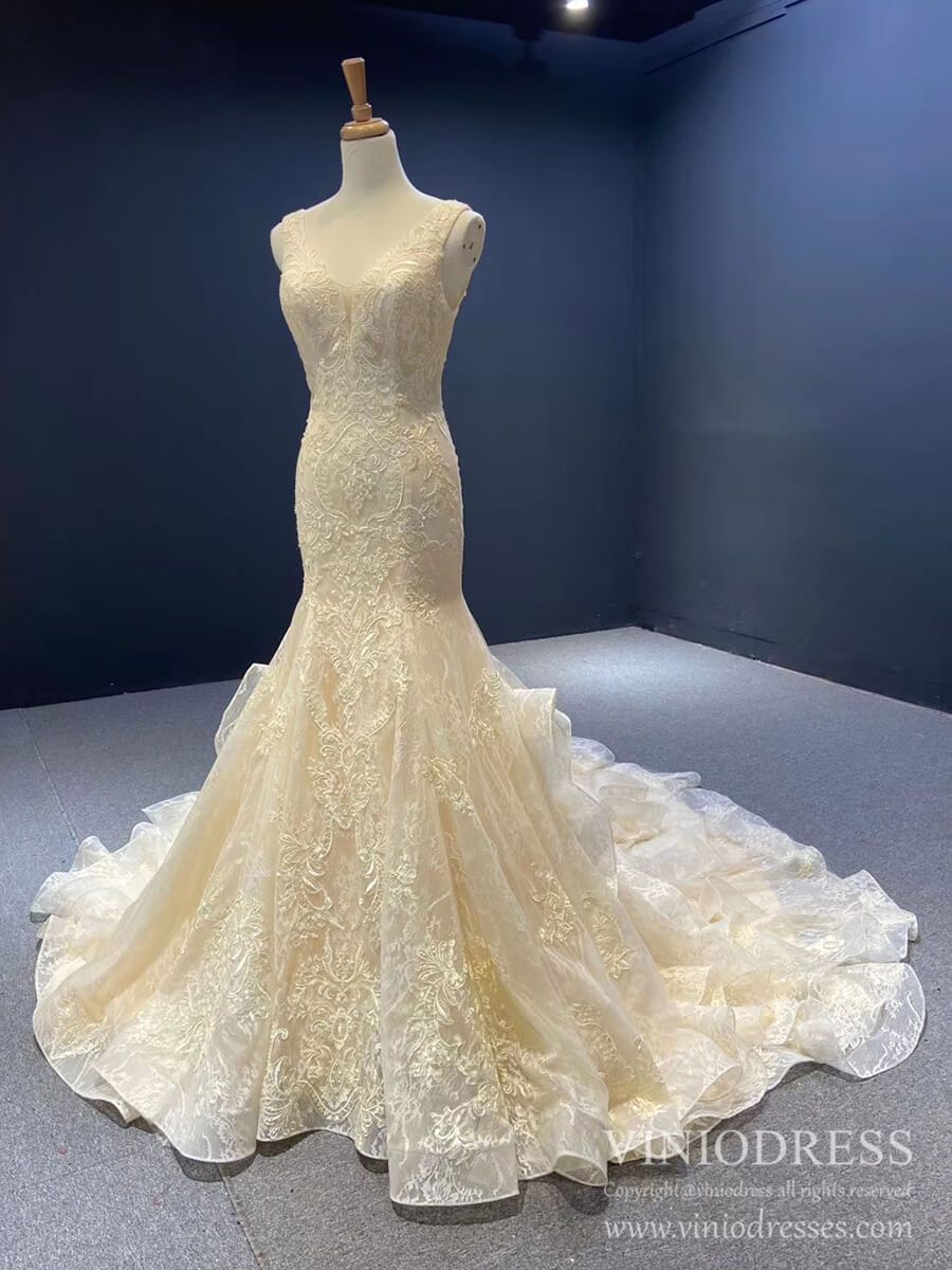 Vintage Lace Mermaid Wedding Dresses V-neck Champagne Bridal Dress VW1759-wedding dresses 2025 -Viniodress-Champagne-Custom Size-