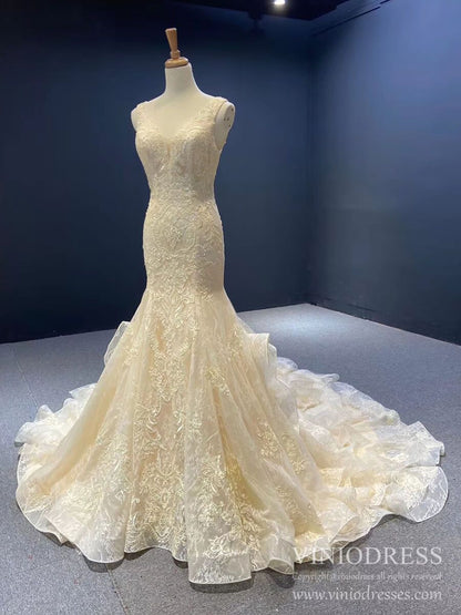 Vintage Lace Mermaid Wedding Dresses V-neck Champagne Bridal Dress VW1759-wedding dresses 2025 -Viniodress-Champagne-Custom Size-