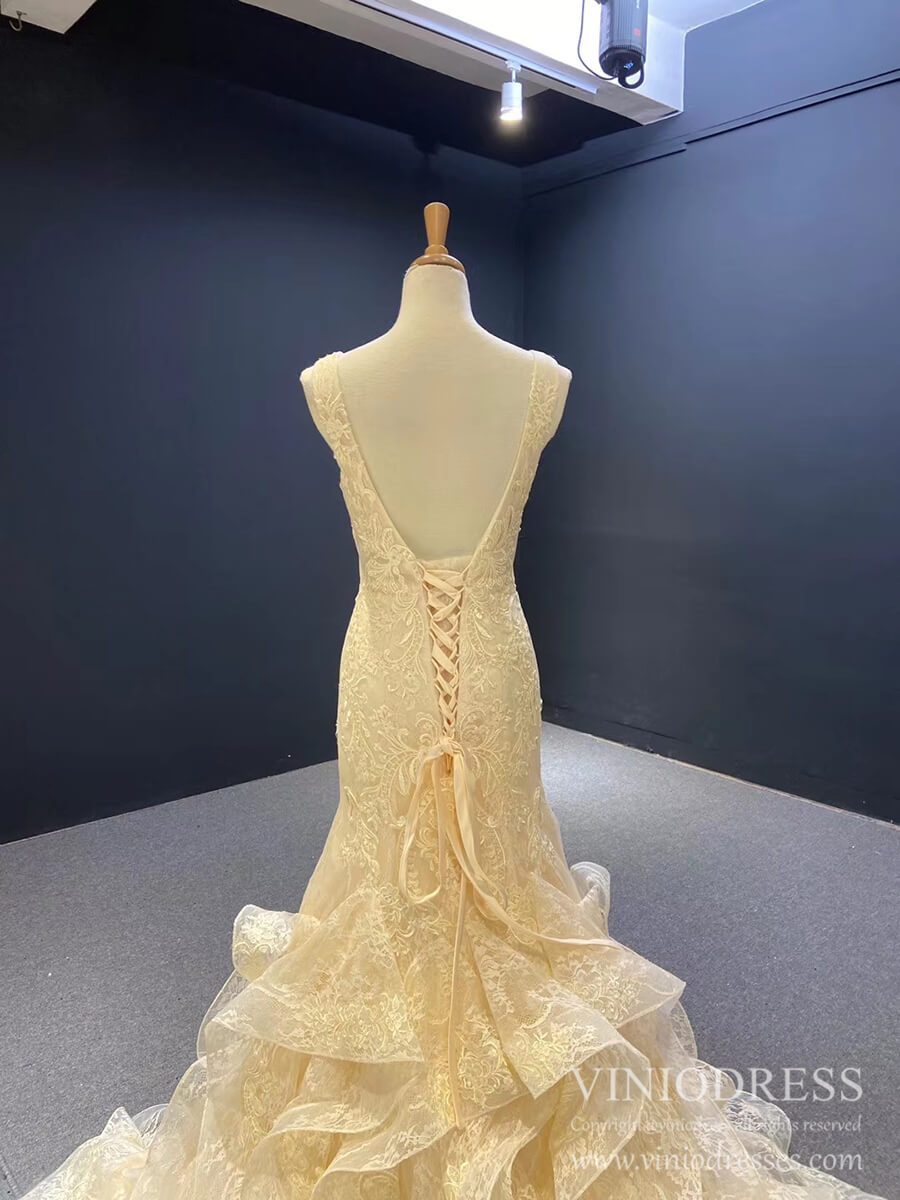 Vintage Lace Mermaid Wedding Dresses V-neck Champagne Bridal Dress VW1759-wedding dresses 2025 -Viniodress-Champagne-Custom Size-