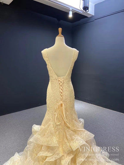 Vintage Lace Mermaid Wedding Dresses V-neck Champagne Bridal Dress VW1759-wedding dresses 2025 -Viniodress-Champagne-Custom Size-