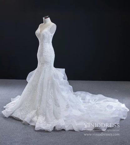 Vintage Lace Mermaid Wedding Dresses V-neck Champagne Bridal Dress VW1759-wedding dresses 2025 -Viniodress-Champagne-Custom Size-