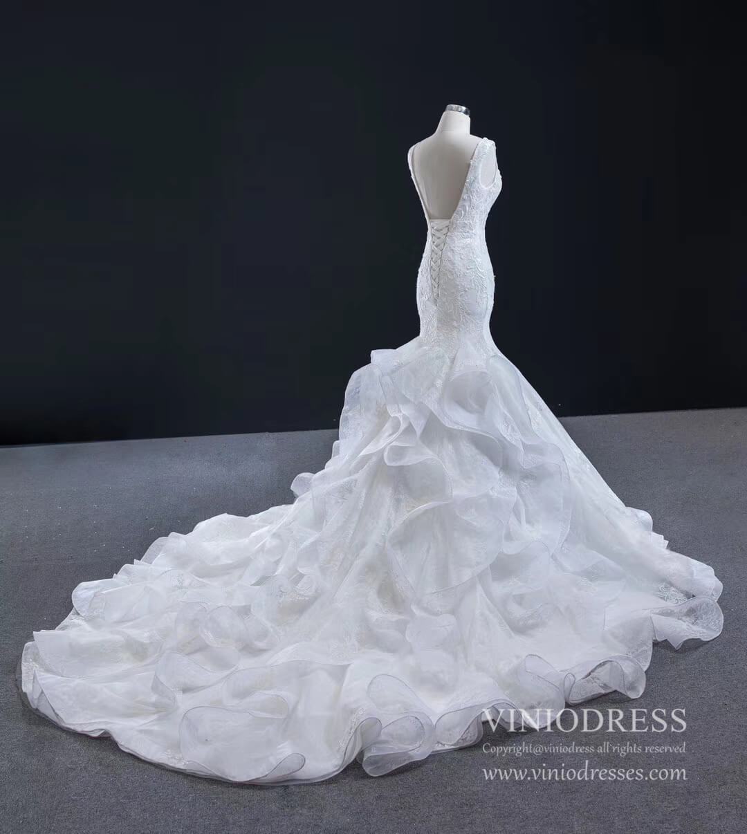 Vintage Lace Mermaid Wedding Dresses V-neck Champagne Bridal Dress VW1759-wedding dresses 2025 -Viniodress-Champagne-Custom Size-