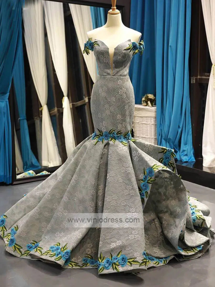 Prom Dress 2025 Vintage Lace Prom Dresses Mermaid Pageant Dress 66737 Viniodress-unique prom dresses-Grey-Custom Size-Viniodress