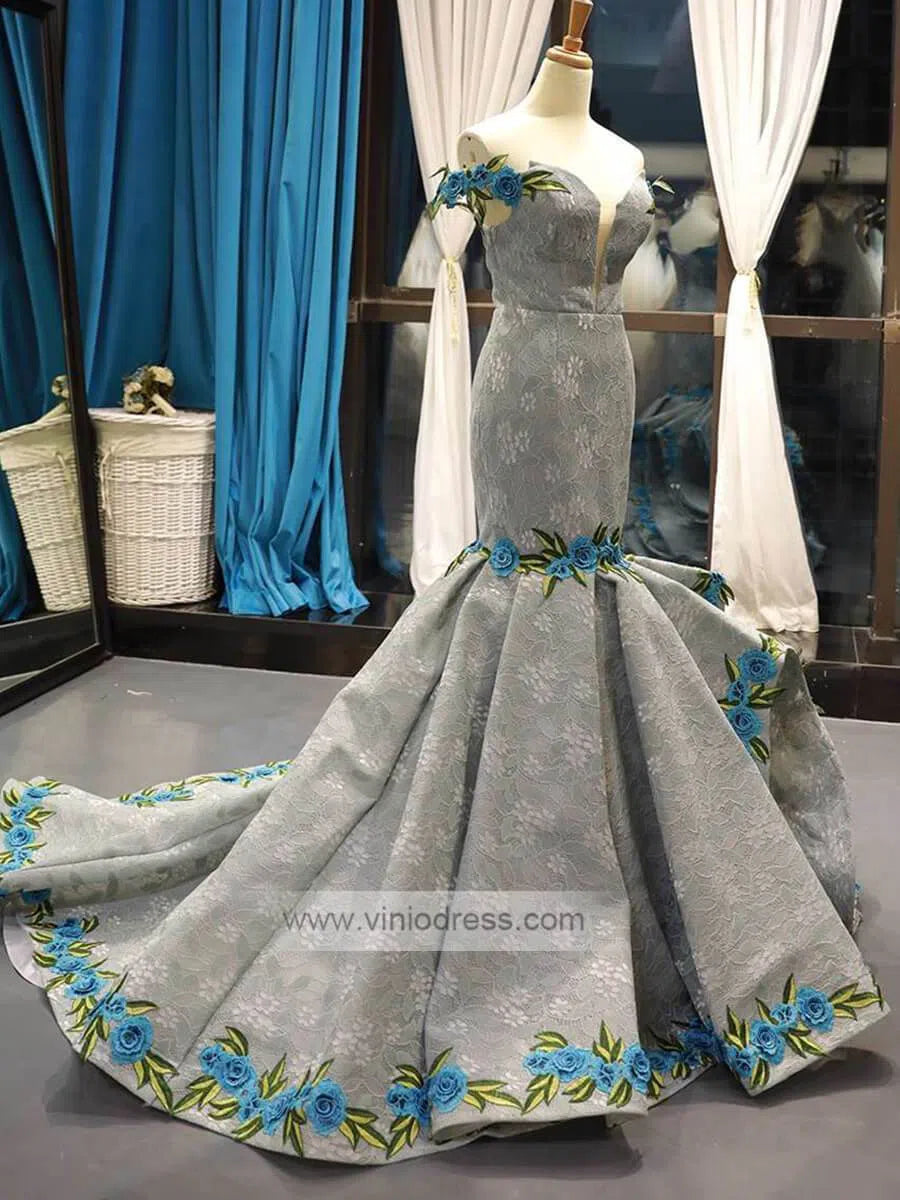 Prom Dress 2025 Vintage Lace Prom Dresses Mermaid Pageant Dress 66737 Viniodress-unique prom dresses-Grey-Custom Size-Viniodress