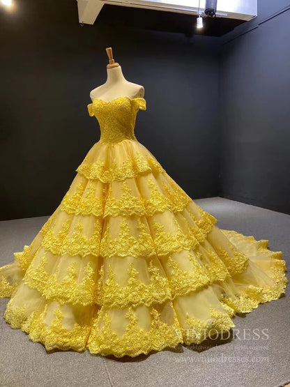 Vintage Lace Royal Wedding Dresses Ball Gown,Tiered Bottom, Off the Shoulder FD1217-wedding dresses 2025 -Viniodress-Ivory-Custom Size-