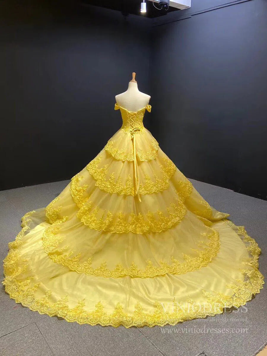 Vintage Lace Royal Wedding Dresses Ball Gown,Tiered Bottom, Off the Shoulder FD1217-wedding dresses 2025 -Viniodress-Ivory-Custom Size-