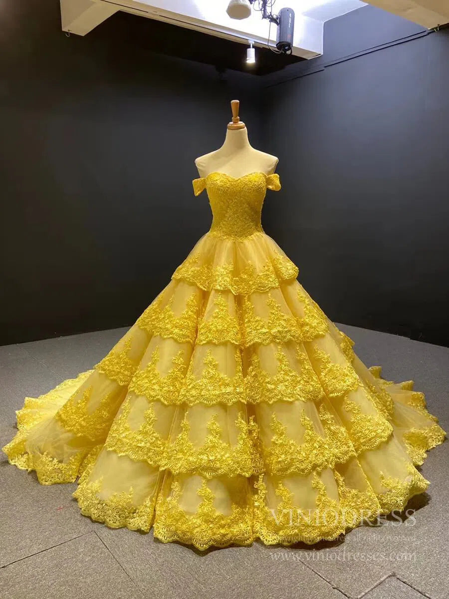 Vintage Lace Royal Wedding Dresses Ball Gown,Tiered Bottom, Off the Shoulder FD1217-wedding dresses 2025 -Viniodress-Yellow-Custom Size-