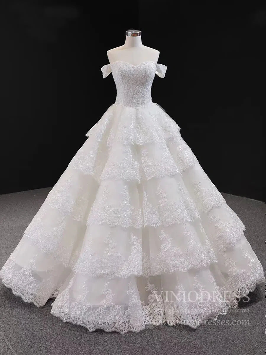 Vintage Lace Royal Wedding Dresses Ball Gown,Tiered Bottom, Off the Shoulder FD1217-wedding dresses 2025 -Viniodress-Ivory-Custom Size-