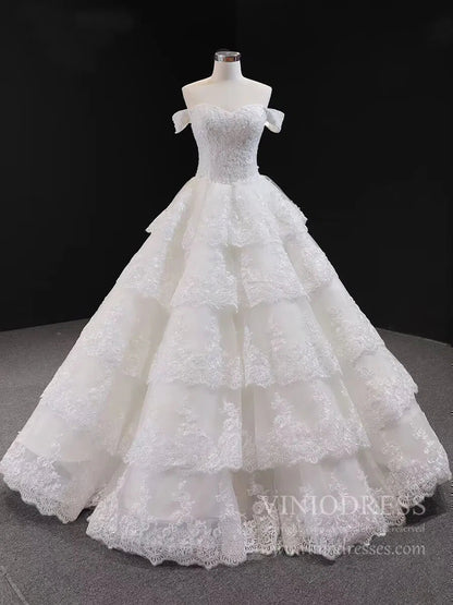 Vintage Lace Royal Wedding Dresses Ball Gown,Tiered Bottom, Off the Shoulder FD1217-wedding dresses 2025 -Viniodress-Ivory-Custom Size-