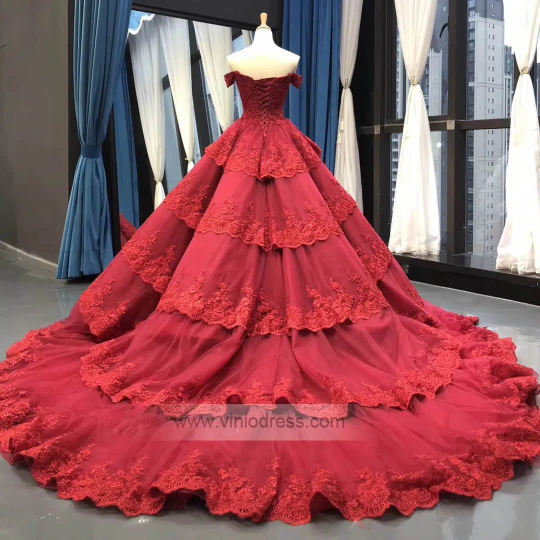 Vintage Lace Royal Wedding Dresses Ball Gown,Tiered Bottom, Off the Shoulder FD1217-wedding dresses 2025 -Viniodress-Ivory-Custom Size-