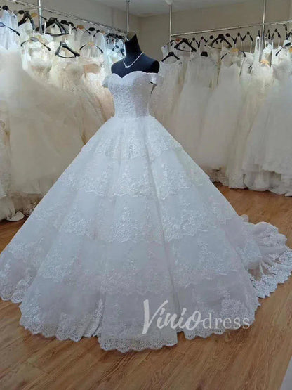 Vintage Lace Royal Wedding Dresses Ball Gown,Tiered Bottom, Off the Shoulder FD1217-wedding dresses 2025 -Viniodress-Ivory-Custom Size-