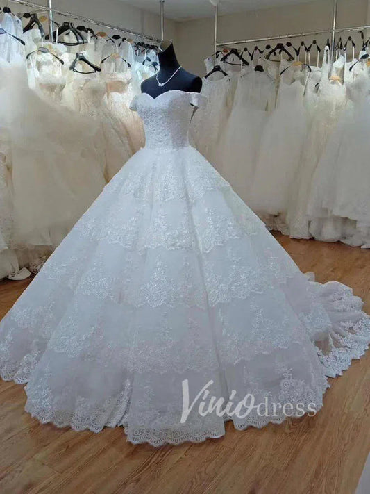 Vintage Lace Royal Wedding Dresses Ball Gown,Tiered Bottom, Off the Shoulder FD1217-wedding dresses 2025 -Viniodress-Ivory-Custom Size-