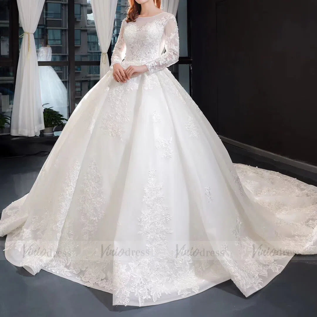 Vintage Lace Royal Wedding Dresses with Long Sleeves VW1186-wedding dresses-Viniodress-Viniodress