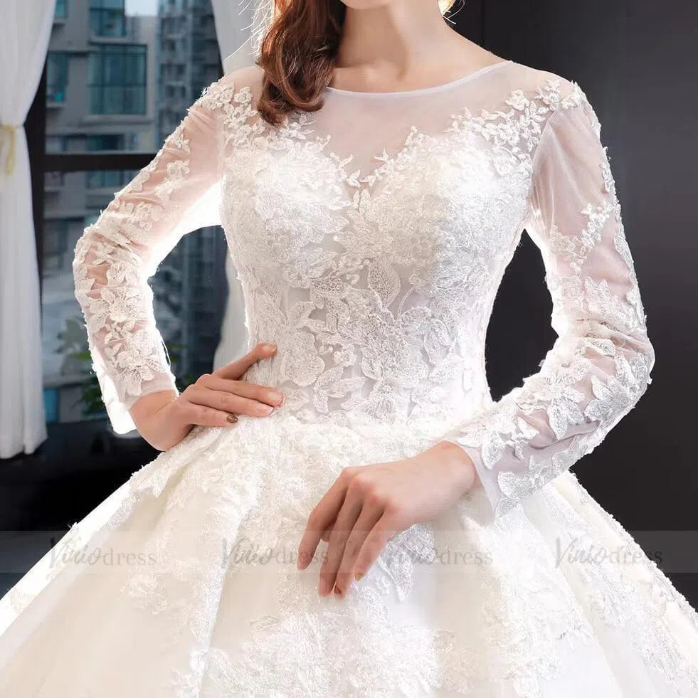 Vintage Lace Royal Wedding Dresses with Long Sleeves VW1186-wedding dresses-Viniodress-Viniodress