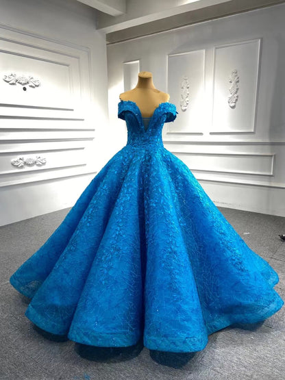 Vintage Lace Wedding Dress Off the Shoulder Quinceanera Gowns 66601 Plunging V-neck-Quinceanera Dresses 2025 -Viniodress-Blue-Custom Size-