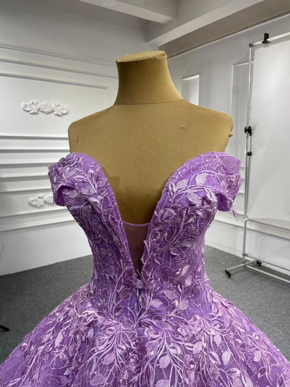 Vintage Lace Wedding Dress Off the Shoulder Quinceanera Gowns 66601 Plunging V-neck-Quinceanera Dresses 2025 -Viniodress-Lilac-Custom Size-