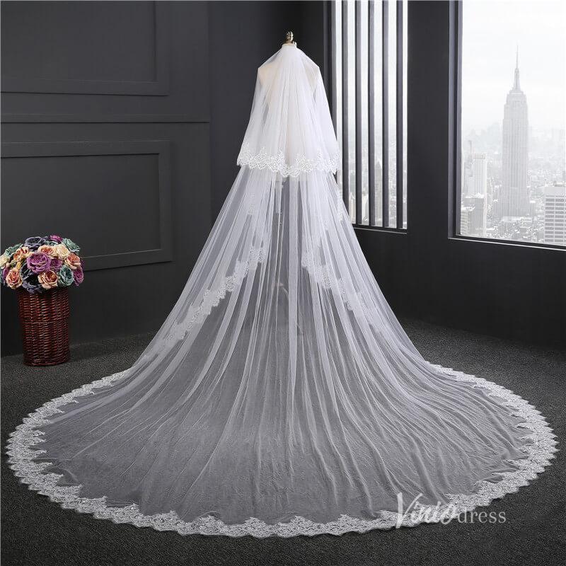 Vintage Lacy Tulle Cathedral Veil with Blusher Viniodress-Bridal Veil 2025 -Viniodress-Ivory-