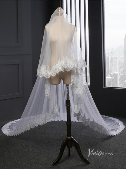 Vintage Lacy Tulle Cathedral Veil with Blusher Viniodress-Bridal Veil 2025 -Viniodress-Ivory-