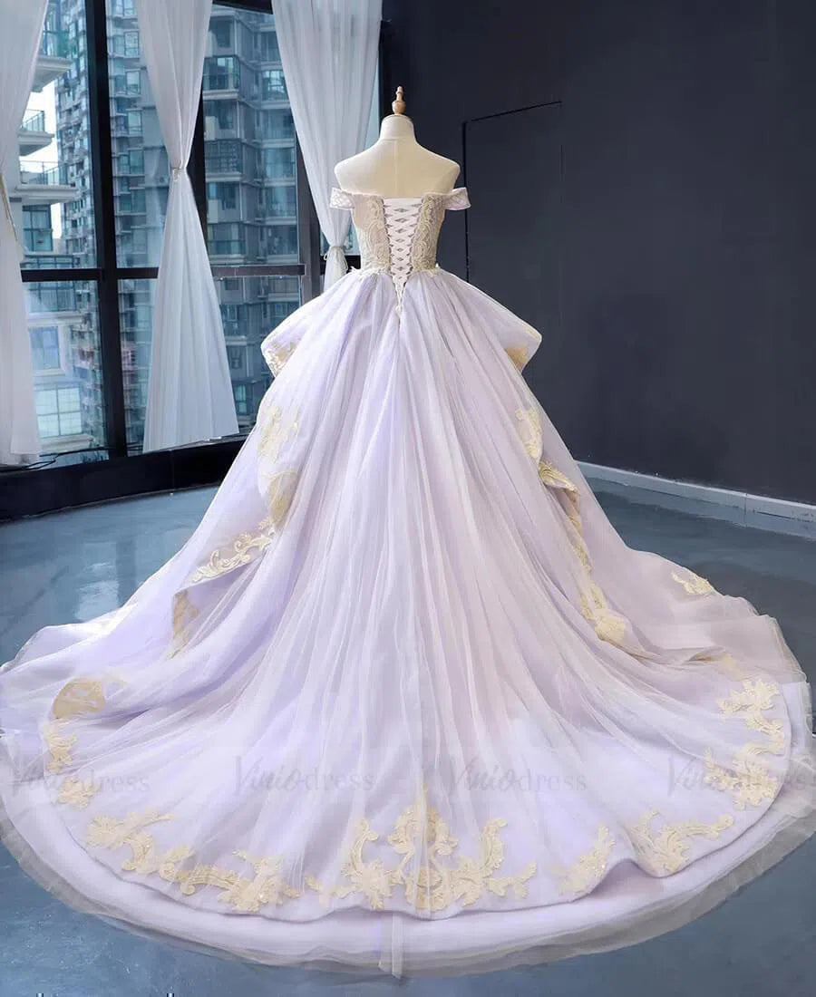Vintage Lilac Princess Ball Gowns Gold Lace Quinceanera Dresses 66908 –  Viniodress