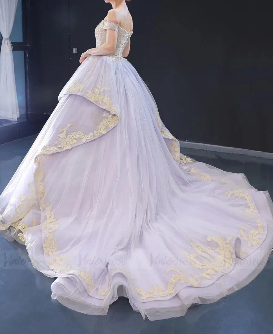 Vintage Lilac Princess Ball Gowns Gold Lace Quinceanera Dresses 66908 viniodress-prom dresses 2025 -Viniodress-Lilac-Custom Size-