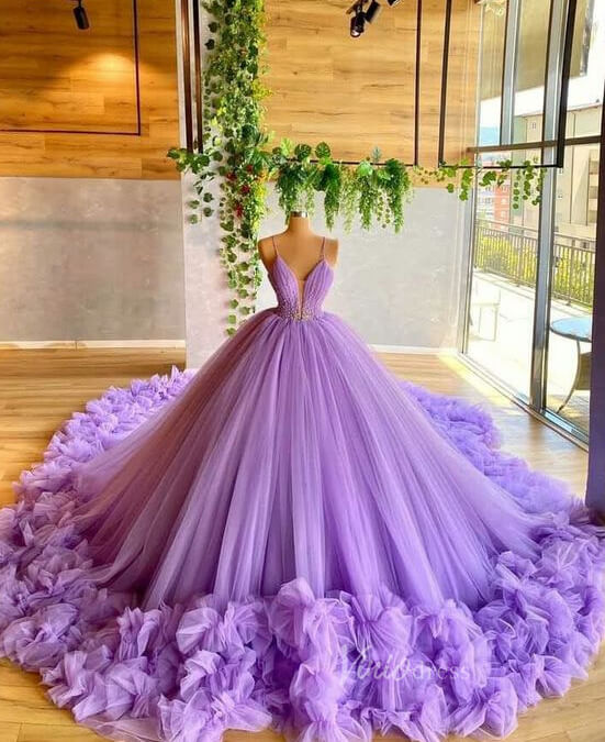 Vintage Lilac Ruffle Ball Gown Wedding Dress Spaghetti Strap FD1782-wedding dresses 2025 -Viniodress-Lavender-Custom Size-