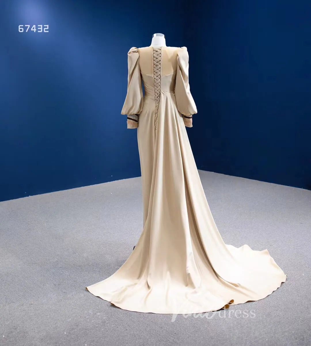 Vintage Long Puff Sleeve Prom Dress Beaded Champagne Sheath Formal Dresses 67432-prom dresses 2025 -Viniodress-Champagne-Custom Size-