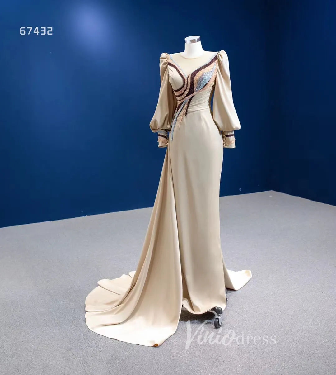 Vintage Long Puff Sleeve Prom Dress Beaded Champagne Sheath Formal Dresses 67432-prom dresses 2025 -Viniodress-Champagne-Custom Size-