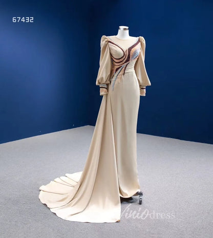Vintage Long Puff Sleeve Prom Dress Beaded Champagne Sheath Formal Dresses 67432-prom dresses 2025 -Viniodress-Champagne-Custom Size-