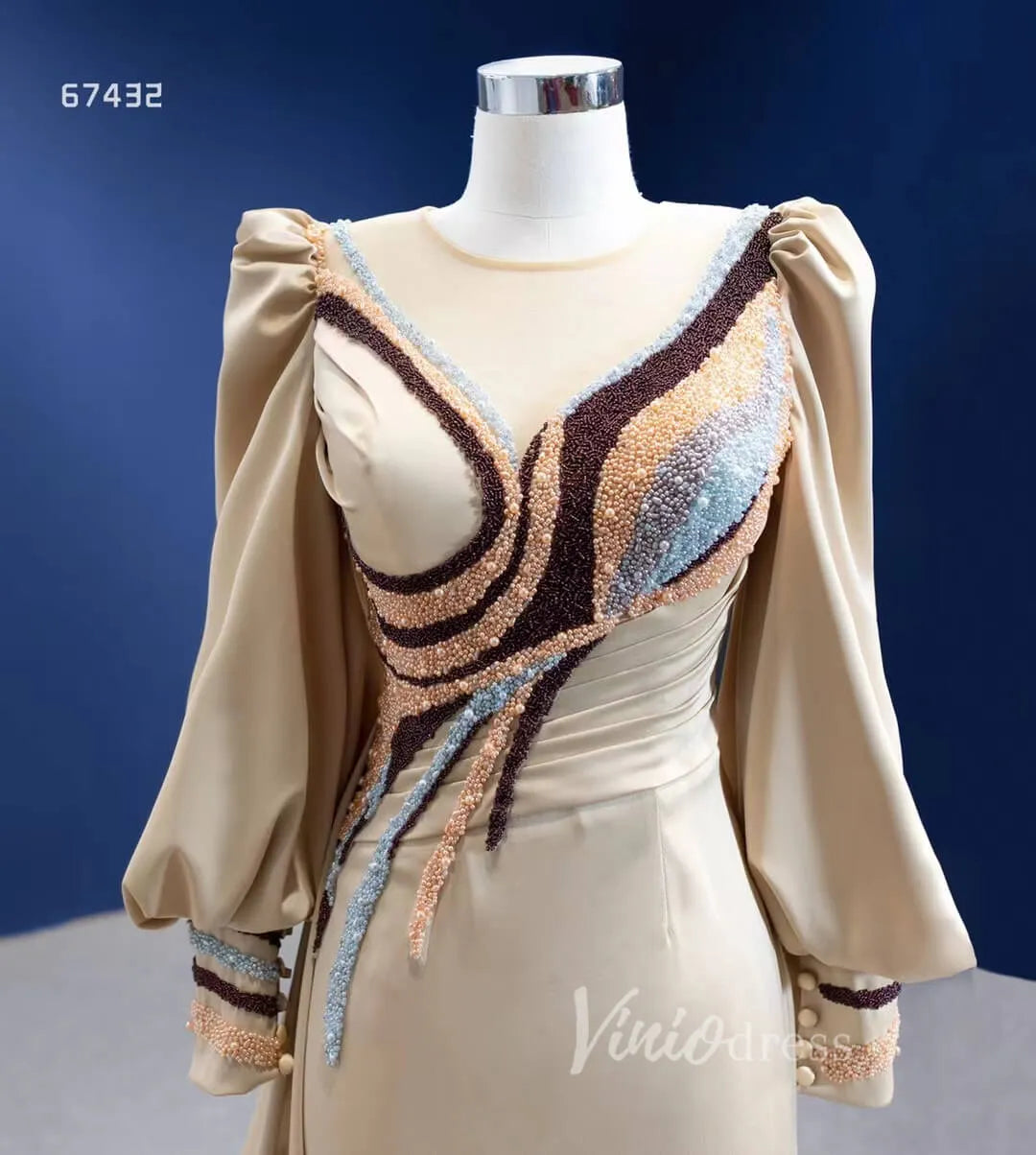 Vintage Long Puff Sleeve Prom Dress Beaded Champagne Sheath Formal Dresses 67432-prom dresses 2025 -Viniodress-Champagne-Custom Size-