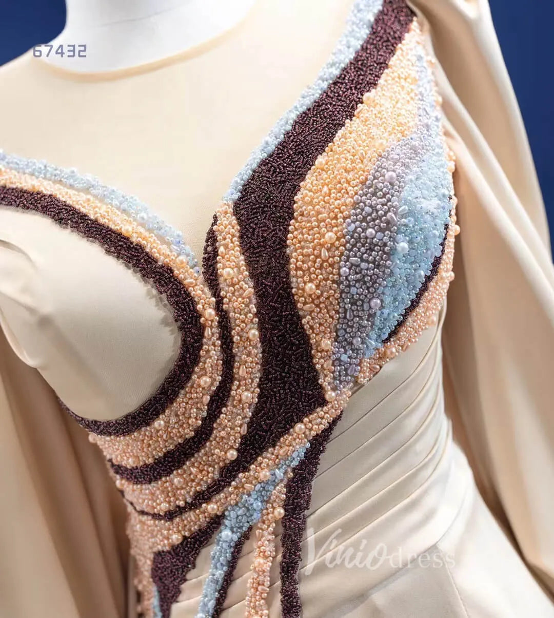 Vintage Long Puff Sleeve Prom Dress Beaded Champagne Sheath Formal Dresses 67432-prom dresses 2025 -Viniodress-Champagne-Custom Size-