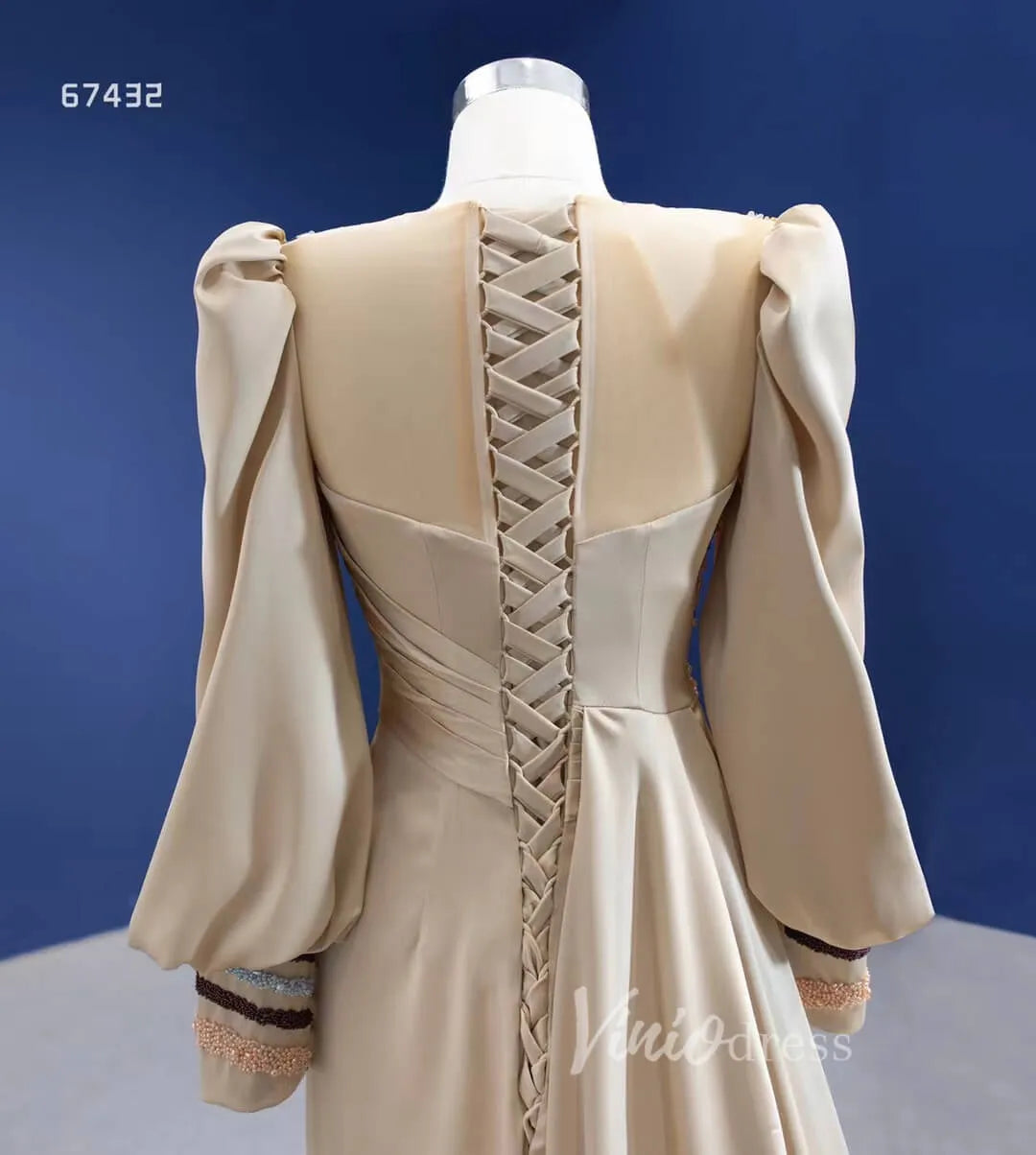 Vintage Long Puff Sleeve Prom Dress Beaded Champagne Sheath Formal Dresses 67432-prom dresses 2025 -Viniodress-Champagne-Custom Size-