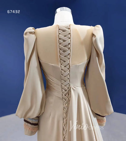 Vintage Long Puff Sleeve Prom Dress Beaded Champagne Sheath Formal Dresses 67432-prom dresses 2025 -Viniodress-Champagne-Custom Size-