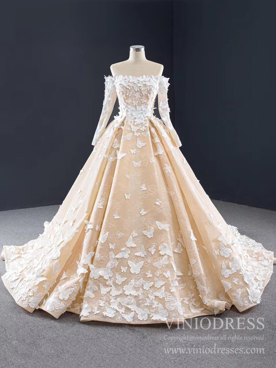 Vintage Long Sleeve Butterfly Style Champagne Wedding Dresses Corset B – Viniodress Vintage Long Sleeve Butterfly Style Champagne Wedding Dresses Corset B – Viniodress