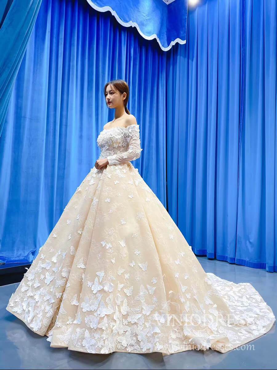 Vintage Long Sleeve Butterfly Style Champagne Wedding Dresses Corset B –  Viniodress