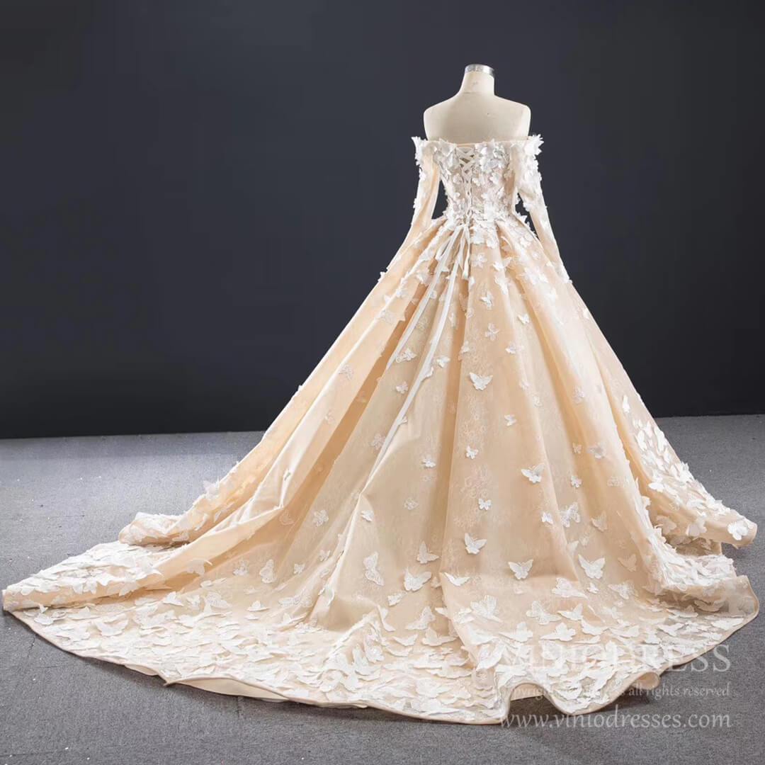 Vintage Long Sleeve Butterfly Style Champagne Wedding Dresses Corset B – Viniodress Vintage Long Sleeve Butterfly Style Champagne Wedding Dresses Corset B – Viniodress