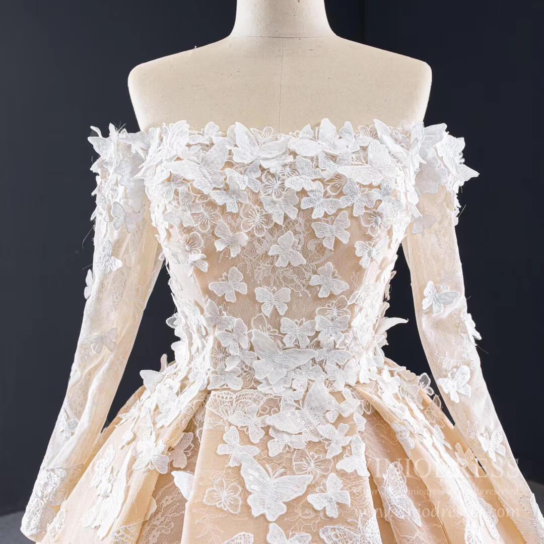Vintage Long Sleeve Butterfly Style Champagne Wedding Dresses Corset B –  Viniodress