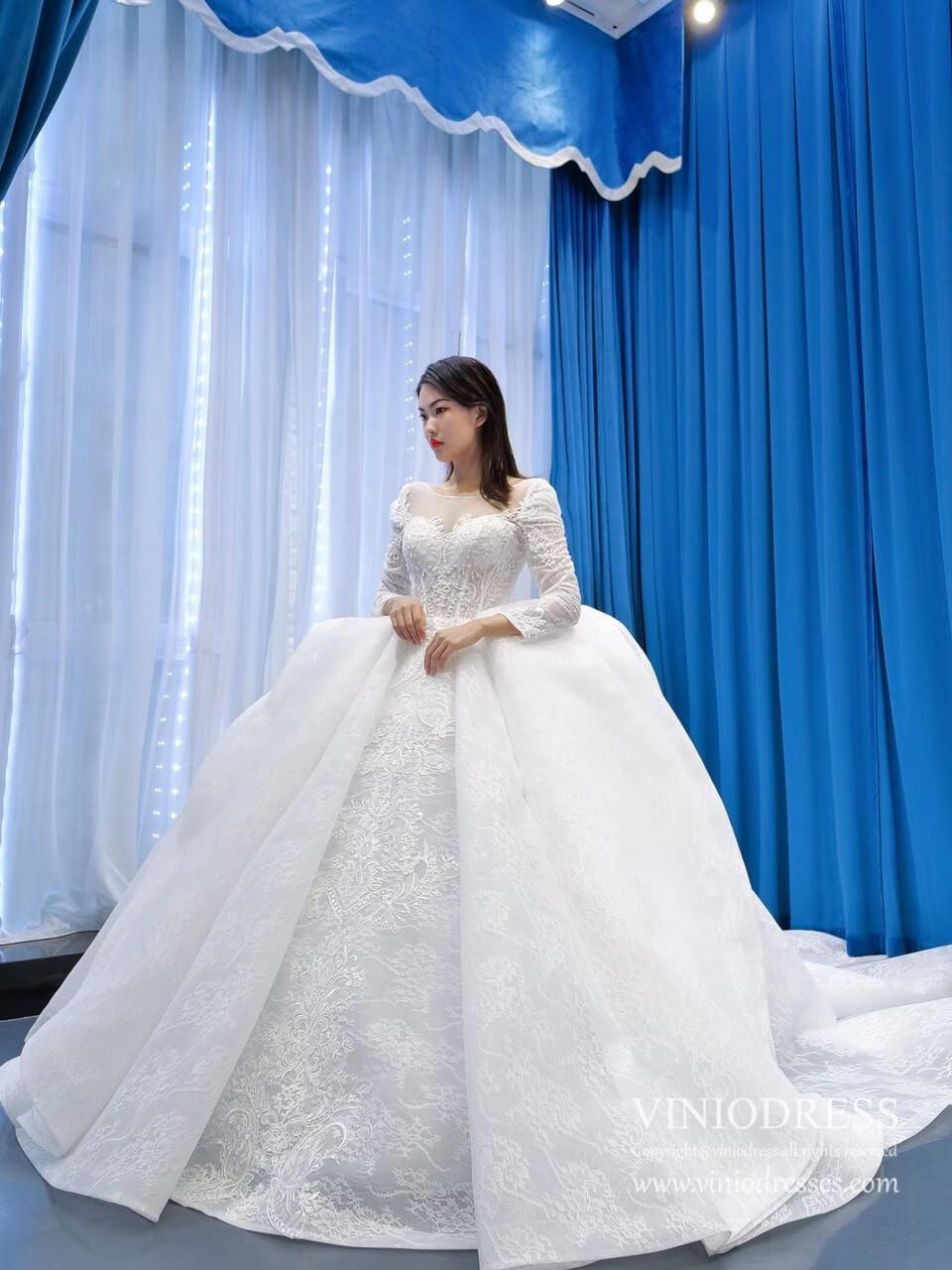 Vintage Long Sleeve Wedding Dresses Haute Couture Princess Wedding Gown 67220-wedding dresses 2025 -Viniodress-Ivory-Custom Size-