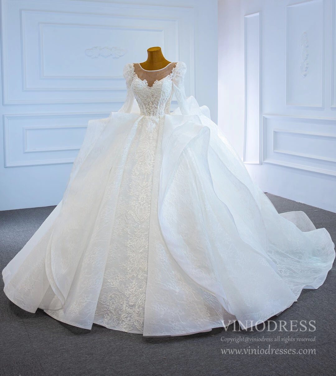 Vintage Long Sleeve Wedding Dresses Haute Couture Princess Wedding Gown 67220-wedding dresses 2025 -Viniodress-Ivory-Custom Size-